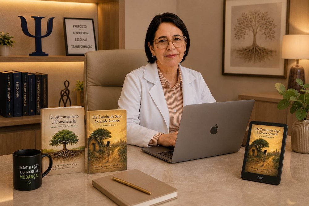 Dra. Cida Silva em seu consultório, com seus dois livros publicados