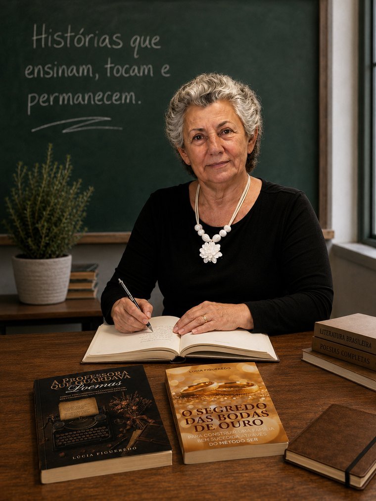 Lúcia Figuerêdo com seus dois livros publicados, diante do quadro 'Histórias que ensinam, tocam e permanecem'